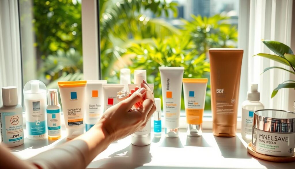 A sun-dappled tabletop with an assortment of sunscreens, serums, and skincare products. In the foreground, a woman's hands carefully applying a dollop of moisturizing sunscreen to her face. The midground features a variety of sunscreens in different SPF levels, tints, and formulations, each with its own unique benefits highlighted. The background depicts a serene, sun-soaked window overlooking the lush greenery of a Singapore cityscape. Soft, natural lighting illuminates the scene, conveying a sense of tranquility and informed decision-making around the selection of the perfect facial sunscreen.