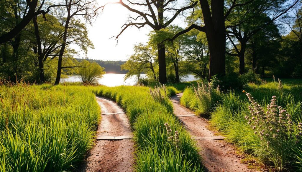 A sun-dappled walking trail winds through the lush greenery of Coney Island Park. The foreground features a well-maintained path flanked by tall, verdant grasses and vibrant wildflowers. Towering trees line the middle ground, their branches casting gentle shadows on the trail below. In the distance, a serene body of water glistens, reflecting the warm, golden light of the afternoon sun. The overall atmosphere is one of rustic tranquility, inviting visitors to immerse themselves in a sustainable, nature-filled experience. The scene is captured with a wide-angle lens, emphasizing the spaciousness and depth of the park's trails.