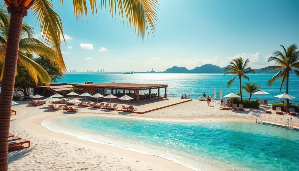 A sun-drenched Sentosa beach club scene, captured through the lens of a high-quality camera. In the foreground, clusters of chic beach umbrellas and lounge chairs dot the pristine white sand, inviting visitors to relax and soak up the tropical atmosphere. In the middle ground, a stylish bar and restaurant setup, complete with wooden decking and lush greenery, exude a laidback yet sophisticated vibe. In the background, the sparkling turquoise waters of the Singapore Strait stretch out, with the iconic skyline of the city visible in the distance. Warm, golden sunlight filters through, casting a warm glow and creating a sense of carefree, beach-going bliss.
