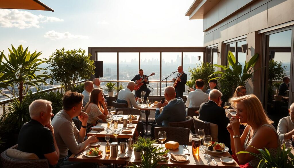 A sun-drenched brunch terrace with a lively ambiance. In the foreground, well-dressed diners enjoy their meals, animated in conversation. Middle ground features a small live band playing upbeat jazz. The background showcases a panoramic view of the city skyline, with light streaming through large windows. Soft lighting, plush seating, and vibrant greenery create a cozy, sophisticated atmosphere. The overall scene evokes a sense of indulgence, relaxation, and conviviality, perfectly capturing the spirit of an unforgettable Sunday brunch experience.