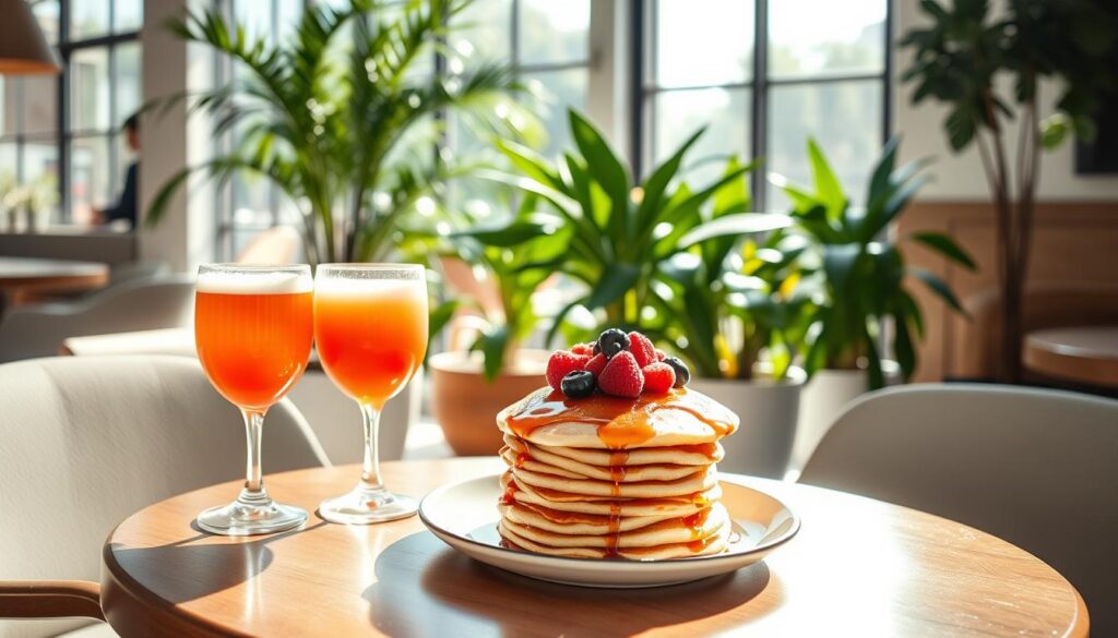 A sun-drenched, indoor cafe setting. In the foreground, a table is adorned with a pair of boomarang-shaped cocktail glasses, filled with vibrant, frothy concoctions. On the table, a stack of fluffy buttermilk pancakes, drizzled with maple syrup and topped with fresh berries, takes center stage. The middle ground features lush greenery from potted plants, casting a warm, natural glow. The background showcases the cafe's modern, minimalist decor, with large windows allowing ample natural light to flood the space, creating a cozy, inviting atmosphere. A sense of indulgence and refined comfort permeates the scene.