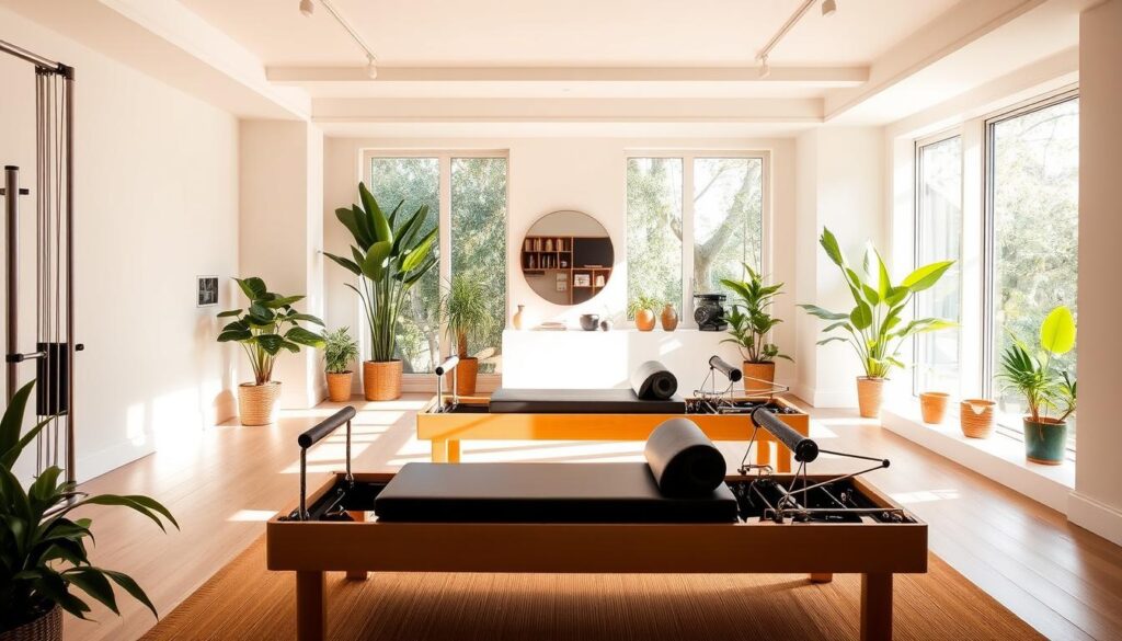 A sun-drenched, intimate Pilates studio with luxurious interiors. In the foreground, a serene, well-equipped Pilates reformer setup, inviting guests to immerse themselves in a personalized workout experience. The middle ground showcases a minimalist, elegant decor with floor-to-ceiling windows, allowing natural light to bathe the space. In the background, lush, verdant plants and warm, earthy tones create a calming, spa-like ambiance. High-end, specialized equipment, soft lighting, and a low client-to-instructor ratio convey a VIP, exclusive experience tailored to each individual's needs.