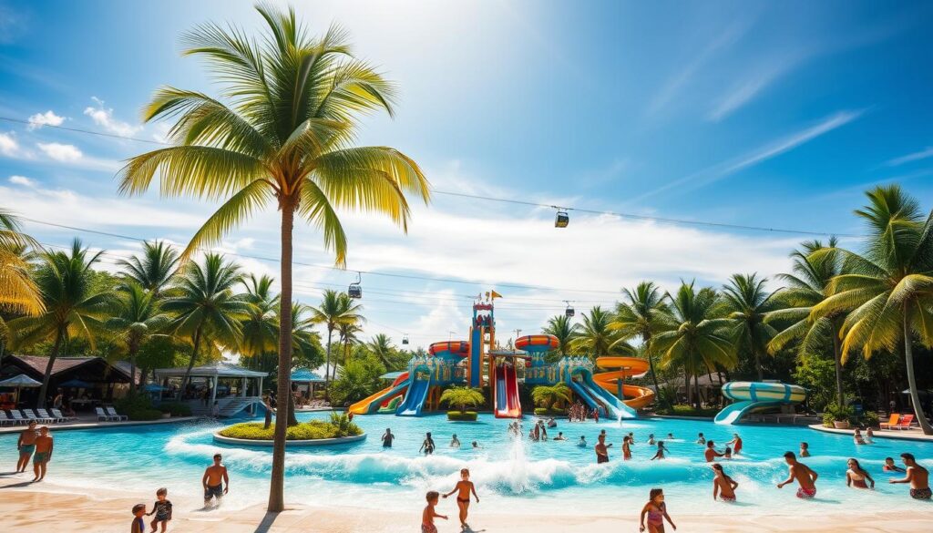 A sun-drenched tropical paradise, the Splash Tribe Family Beach Club in Sentosa Island. Lush palm trees sway in the gentle breeze, framing a pristine white-sand beach and crystal-clear turquoise waters. In the foreground, families splash and play in the inviting wave pool, their laughter echoing across the scene. Towering waterslides and colorful inflatables dot the middle ground, promising thrilling adventures. In the background, the iconic Sentosa cable cars glide overhead, transporting visitors to and from this aquatic oasis. Warm, golden sunlight filters through wispy clouds, casting a dreamy, serene atmosphere over the entire Splash Tribe Family Beach Club.