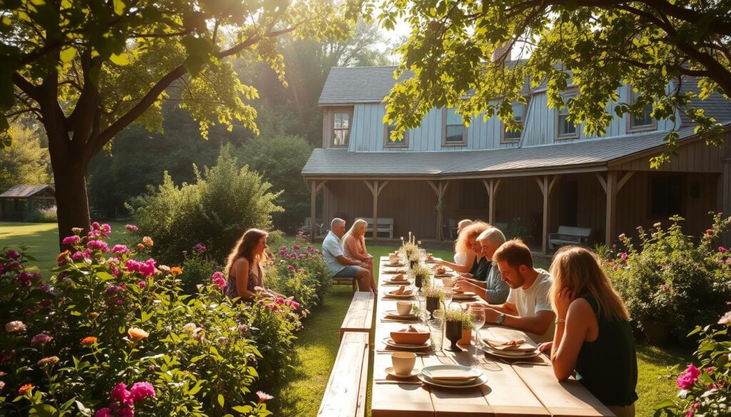 A sunlit garden oasis, lush with verdant foliage and blooming flowers. A long wooden table set with rustic tableware, surrounded by guests enjoying a leisurely garden-to-table brunch. Soft natural light filters through the canopy of trees, casting a warm glow on the scene. In the background, a charming farmhouse with weathered wooden walls and a wrap-around porch. The atmosphere is one of tranquility and community, inviting the viewer to savor the flavors and ambiance of this idyllic Sunday brunch experience.