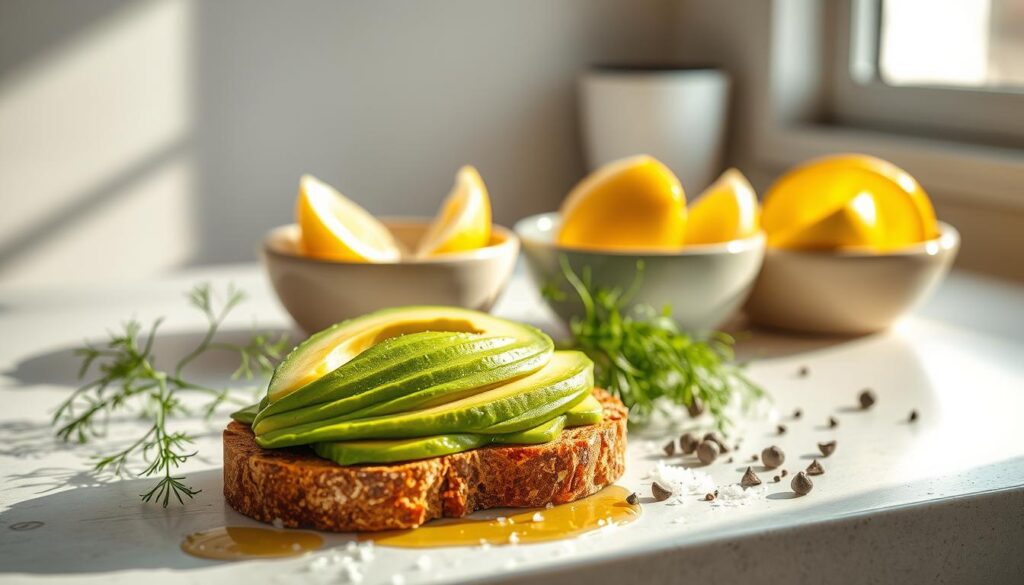 A sunlit kitchen counter holds a vibrant arrangement of the perfect avocado toast ingredients. In the foreground, a freshly sliced avocado rests on a piece of thick, artisanal sourdough bread, drizzled with a swirl of golden olive oil. Surrounding it are delicate sprigs of fragrant dill, crunchy sea salt crystals, and a scattering of freshly cracked black peppercorns. In the middle ground, a small ceramic bowl overflows with zested lemon wedges, ready to provide a bright, citrusy accent. The background features a subtle, softly-lit window, letting natural daylight filter in and cast a warm, inviting glow over the entire scene. This still life captures the essence of simple, high-quality ingredients coming together to create the perfect avocado toast experience.