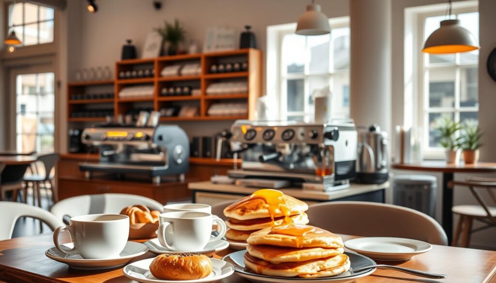 A sunny, airy cafe interior, filled with the inviting aroma of freshly brewed coffee. In the foreground, a table is set with a classic breakfast spread - steaming cups of coffee, artisanal pastries, and a stack of fluffy pancakes drizzled with golden syrup. The middle ground features a gleaming espresso machine, its polished chrome reflecting the warm lighting overhead. In the background, wooden shelves display an array of coffee beans, bags, and brewing equipment, hinting at the cafe's expertise as a specialty roaster. The overall atmosphere is one of relaxed refinement, drawing in patrons for a moment of indulgence and respite.