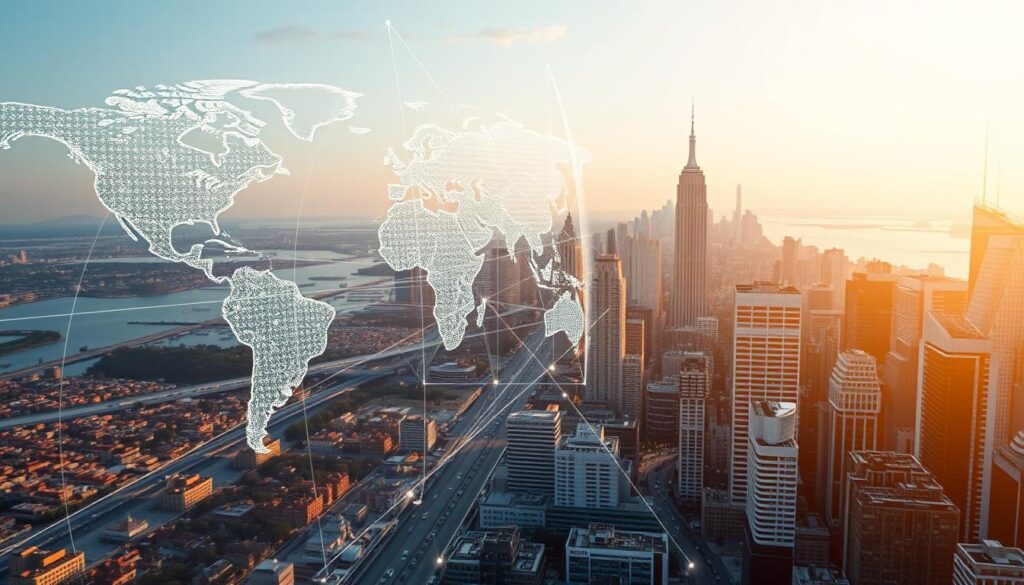 A sweeping global map, rendered with photorealistic detail, overlaid with a sleek, minimalist interface showcasing a worldwide network of interconnected nodes. In the foreground, a tightly focused view of a city skyline, its towering skyscrapers and bustling streets conveying a strong local presence. Warm, golden lighting illuminates the scene, creating a sense of vitality and connectivity. The composition blends the grand, international scale with the intimate, neighborhood-level focus, symbolizing the perfect balance of global reach and local expertise.