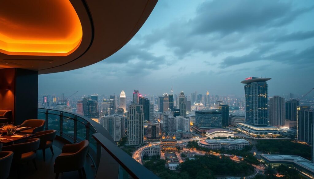 A sweeping panorama of the Singapore skyline, captured from the vantage point of SKAI restaurant's elevated dining terrace. In the foreground, the sleek, contemporary architectural details of the restaurant's interiors come into focus, with warm, ambient lighting casting a soft glow. The middle ground features the bustling city skyline, a tapestry of towering skyscrapers, their glass facades shimmering in the evening light. In the distant background, the iconic Marina Bay Sands complex stands tall, its distinctive silhouette framing the scene. The overall atmosphere is one of refined elegance, where the culinary experience is elevated by the breathtaking vistas beyond the windows. A sweeping panorama of the Singapore skyline, captured from the vantage point of SKAI restaurant's elevated dining terrace. In the foreground, the sleek, contemporary architectural details of the restaurant's interiors come into focus, with warm, ambient lighting casting a soft glow. The middle ground features the bustling city skyline, a tapestry of towering skyscrapers, their glass facades shimmering in the evening light. In the distant background, the iconic Marina Bay Sands complex stands tall, its distinctive silhouette framing the scene. The overall atmosphere is one of refined elegance, where the culinary experience is elevated by the breathtaking vistas beyond the windows.