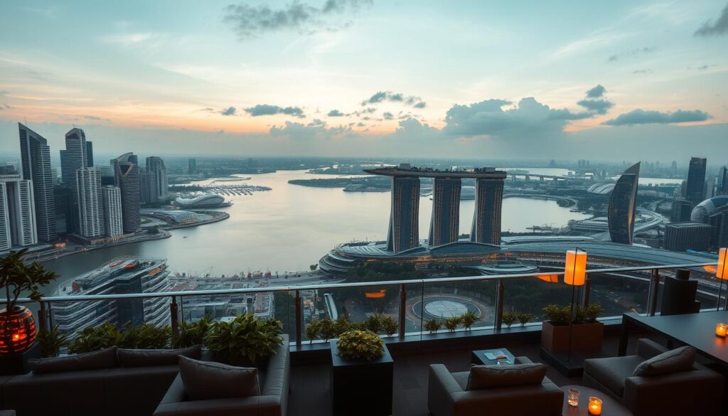 A sweeping vista of Marina Bay, captured from an elevated vantage point. The iconic Singapore skyline, with its towering skyscrapers and futuristic architecture, stretches out before the viewer. The scene is bathed in a soft, golden glow as the sun sets, casting a warm and inviting ambiance. In the foreground, a chic rooftop lounge or restaurant provides an intimate setting to enjoy the breathtaking panorama. Plush seating, sleek furnishings, and discreet lighting create a refined and sophisticated atmosphere. The middle ground features lush greenery and water features that complement the modern urban landscape. In the distance, the magnificent Supertree Grove and the distinctive profile of the Marina Bay Sands hotel complete the mesmerizing tableau.