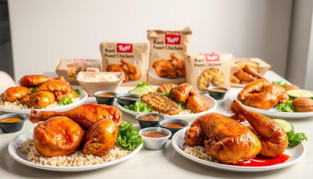 A table filled with a variety of roast chicken value meals, presented in a modern, minimalist setting. In the foreground, various portion sizes of tender, golden-brown roast chicken with crispy skin, accompanied by classic side dishes like fragrant jasmine rice, fresh greens, and savory sauces. The middle ground showcases the different packaging options, from individual plates to family-sized combos, captured under soft, natural lighting that highlights the appetizing details. The background features a simple, clean backdrop, allowing the focus to remain on the delectable roast chicken and the value-driven meal options.