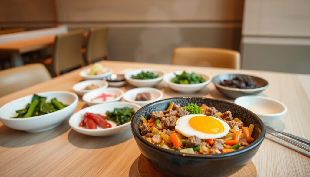 A table filled with an array of Korean bibimbap dishes, presented in a warm, inviting manner. In the foreground, a steaming bowl of classic bibimbap, its vibrant mix of sautéed vegetables, marinated beef, and a perfectly cooked egg, waiting to be stirred together. In the middle ground, an assortment of small side dishes, from pickled radish to sautéed spinach, complementing the main course. The background features a minimalist, modern Korean restaurant setting, with clean lines, natural wood accents, and soft, diffused lighting creating a cozy, authentic atmosphere.