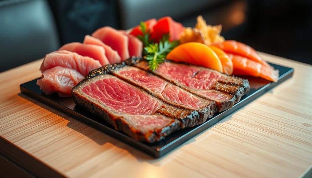 A tantalizing arrangement of premium wagyu beef and fresh sashimi rests on a sleek, modern table. The wagyu is expertly seared, its marbled fat glistening under warm, directional lighting. Slices of vibrant, ruby-red tuna and silky salmon sashimi surround the beef, creating a visually striking contrast. The table is made of polished, light-colored wood, lending a minimalist, high-end aesthetic. The background is blurred, drawing the viewer's focus entirely to the exquisite culinary display. An atmosphere of refined elegance and mouthwatering anticipation permeates the scene. A tantalizing arrangement of premium wagyu beef and fresh sashimi rests on a sleek, modern table. The wagyu is expertly seared, its marbled fat glistening under warm, directional lighting. Slices of vibrant, ruby-red tuna and silky salmon sashimi surround the beef, creating a visually striking contrast. The table is made of polished, light-colored wood, lending a minimalist, high-end aesthetic. The background is blurred, drawing the viewer's focus entirely to the exquisite culinary display. An atmosphere of refined elegance and mouthwatering anticipation permeates the scene.