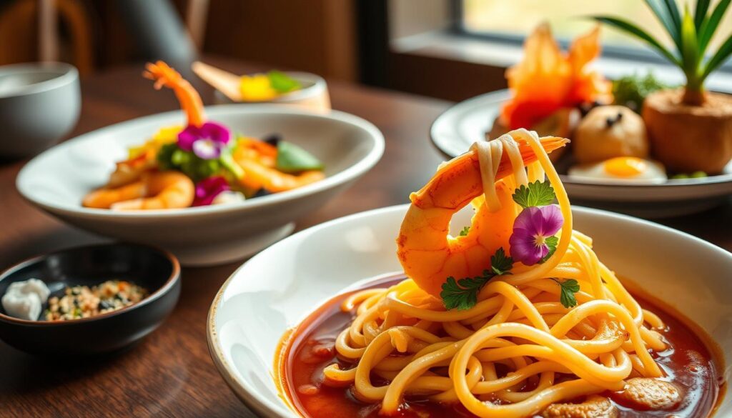 A tantalizing display of reiwa soba fusion dishes, captured in vibrant detail. In the foreground, a bowl of soba noodles entwined with delicate tempura shrimp, drizzled with a rich, umami-infused sauce. Beside it, a harmonious blend of soba and sashimi, adorned with colorful edible flowers. In the middle ground, a creative soba dish featuring a unique fusion of Japanese and Western flavors, such as pesto or tomato-based sauces. The background showcases an elegant presentation, with sleek, modern tableware and a minimalist, zen-inspired setting, bathed in warm, natural lighting that accentuates the textures and colors of the dishes. A tantalizing display of reiwa soba fusion dishes, captured in vibrant detail. In the foreground, a bowl of soba noodles entwined with delicate tempura shrimp, drizzled with a rich, umami-infused sauce. Beside it, a harmonious blend of soba and sashimi, adorned with colorful edible flowers. In the middle ground, a creative soba dish featuring a unique fusion of Japanese and Western flavors, such as pesto or tomato-based sauces. The background showcases an elegant presentation, with sleek, modern tableware and a minimalist, zen-inspired setting, bathed in warm, natural lighting that accentuates the textures and colors of the dishes.