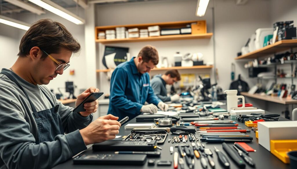 A team of skilled Google Pixel repair specialists working diligently in a well-lit, modern workshop. In the foreground, a technician carefully disassembles a Pixel phone, examining the internal components with precision. The middle ground showcases a range of specialized tools and diagnostic equipment neatly arranged, conveying a sense of expertise and professionalism. In the background, shelves display a variety of replacement parts and accessories, creating a visually appealing and organized workspace. The overall atmosphere is one of efficiency, attention to detail, and a commitment to providing high-quality Pixel repair services.