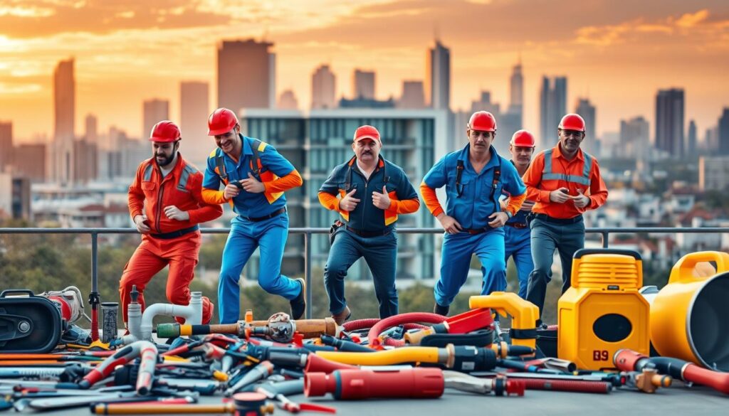 A team of skilled plumbers in brightly colored uniforms rapidly responding to a plumbing emergency, surrounded by tools and equipment neatly organized in the foreground. In the middle ground, a modern residential or commercial building with a sense of urgency and professionalism. The background features a city skyline with a warm, golden hour lighting, conveying a sense of efficiency and expertise. The overall scene evokes a swift, reliable, and customer-focused plumbing service ready to address any plumbing challenge with precision and care.