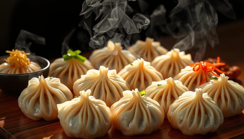 A tempting array of delicate, plump soup dumplings, freshly steamed and glistening, arranged artfully on a wooden table. The pleated wrappers reveal a peek of translucent broth within, hinting at the savory delights to come. Wisps of fragrant steam curl upward, setting an inviting scene. Vibrant garnishes, such as shredded ginger and chopped scallions, add pops of color and texture. Dramatic lighting casts dramatic shadows, highlighting the intricate folds and curves of the dumplings. A crisp, minimalist backdrop allows the star ingredients to shine, capturing the essence of the best Xiao Long Bao in Singapore.