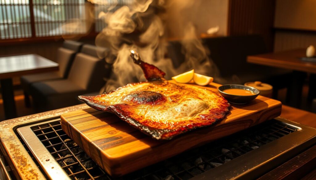 A thick, juicy stingray filet sizzles on a charcoal grill, its flesh charred to a deep, smoky brown. The stingray rests atop a wooden cutting board, accompanied by lemon wedges and a small dish of tangy dipping sauce. Warm, golden light filters through the steamy haze, casting a cozy, intimate glow over the scene. The grill's metal grates and the rough-hewn wood of the cutting board add a touch of industrial elegance. In the background, a minimalist, Japanese-inspired restaurant interior provides a clean, uncluttered setting, allowing the star of the dish to take center stage.