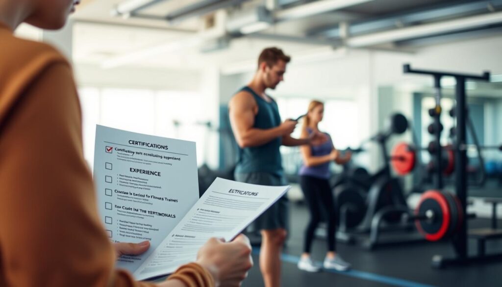 A thoughtful, well-lit scene showcasing key factors for choosing a personal fitness trainer. In the foreground, a person examines a checklist, evaluating certifications, experience, and client testimonials. In the middle ground, a trainer leads a client through an engaging workout, demonstrating expertise and rapport. The background features a modern, airy gym space with state-of-the-art equipment, conveying a professional, motivating atmosphere. Warm, natural lighting casts a tone of diligence and well-being. The overall composition guides the viewer's eye to consider the multifaceted decision of selecting the right personal trainer. A thoughtful, well-lit scene showcasing key factors for choosing a personal fitness trainer. In the foreground, a person examines a checklist, evaluating certifications, experience, and client testimonials. In the middle ground, a trainer leads a client through an engaging workout, demonstrating expertise and rapport. The background features a modern, airy gym space with state-of-the-art equipment, conveying a professional, motivating atmosphere. Warm, natural lighting casts a tone of diligence and well-being. The overall composition guides the viewer's eye to consider the multifaceted decision of selecting the right personal trainer.