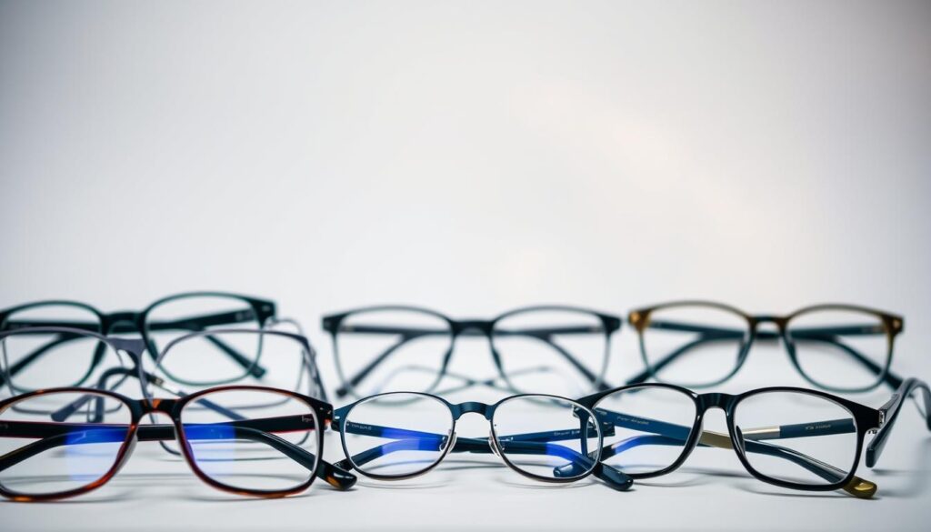 A thoughtfully lit studio scene showcasing various eyeglass frames against a softly blurred background. In the foreground, a selection of stylish glasses frames in different shapes and colors are arranged artfully, allowing the viewer to clearly examine their distinct features. The middle ground features a minimalist, neutral-toned backdrop, drawing the eye to the focal point of the glasses. Subtle hints of lighting and reflections create a sense of depth and dimension, highlighting the material and craftsmanship of the frames. The overall mood is one of refinement and clarity, inviting the viewer to envision how these spectacles would complement different face shapes.