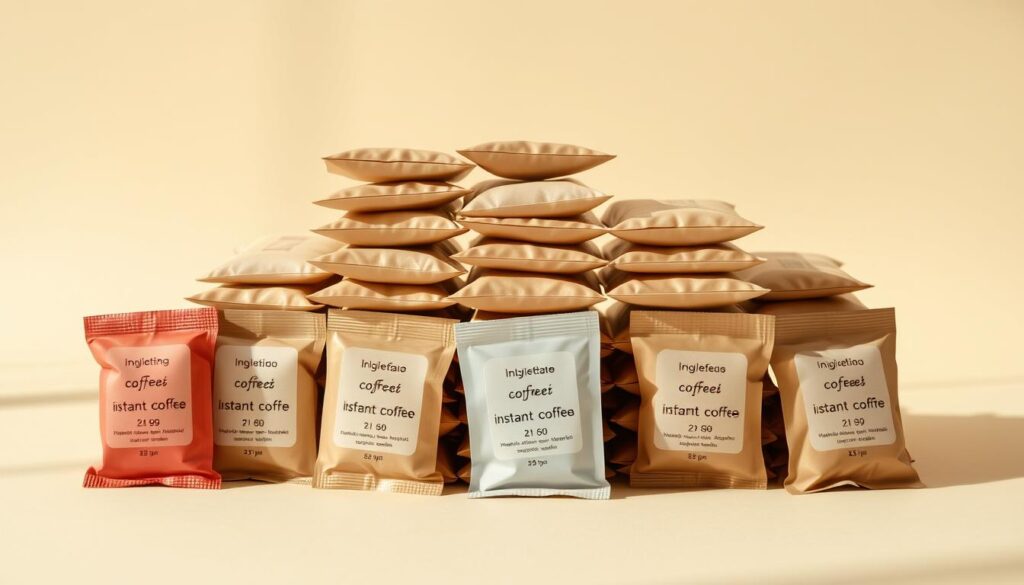 A tidy arrangement of budget-friendly instant coffee sachets, neatly stacked on a plain, light-colored surface. The sachets feature simple, minimalist packaging designs in muted colors, conveying a sense of practicality and affordability. The lighting is soft and diffused, creating subtle shadows that accentuate the textures and shapes of the coffee sachets. The overall composition is clean, uncluttered, and focused, allowing the instant coffee options to take center stage in a visually appealing and appetizing manner. A tidy arrangement of budget-friendly instant coffee sachets, neatly stacked on a plain, light-colored surface. The sachets feature simple, minimalist packaging designs in muted colors, conveying a sense of practicality and affordability. The lighting is soft and diffused, creating subtle shadows that accentuate the textures and shapes of the coffee sachets. The overall composition is clean, uncluttered, and focused, allowing the instant coffee options to take center stage in a visually appealing and appetizing manner.