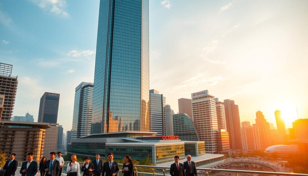 A towering glass-and-steel skyscraper, the centerpiece of a thriving financial district. The building's facade glimmers under the warm, golden light of the setting sun, reflecting the strength and stability of Oversea-Chinese Banking Corporation. In the foreground, a group of well-dressed professionals stroll confidently, representing the bank's diverse clientele. The middle ground features a network of modern, interconnected buildings, symbolizing OCBC's diversified banking services. In the distance, a bustling cityscape with other iconic landmarks, conveying the bank's far-reaching influence. The overall scene exudes a sense of prosperity, efficiency, and the trusted reputation that OCBC has built over its long history.
