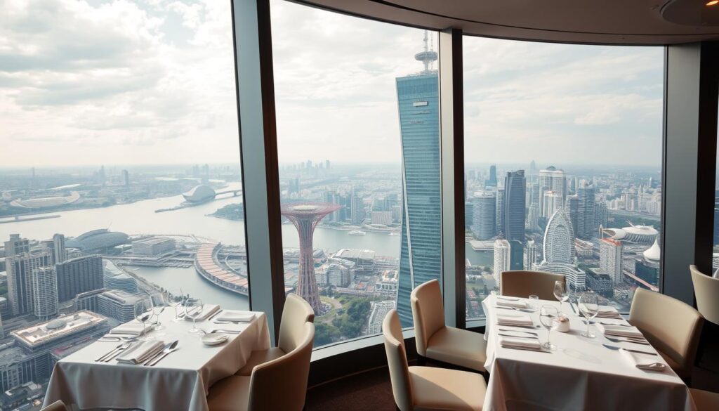 A towering glass and steel structure silhouetted against a vibrant Singapore skyline. The HighHouse restaurant, perched atop a high-rise, commands a panoramic view of the bustling city below. Sleek, modern interiors with clean lines and warm lighting create an elegant, sophisticated ambiance. Large windows offer diners a breathtaking vista of the Marina Bay area, the iconic Supertree Grove, and the shimmering waters of the harbor. Pristine white tablecloths, polished cutlery, and attentive service set the stage for an unforgettable dining experience at Singapore's tallest restaurant destination.