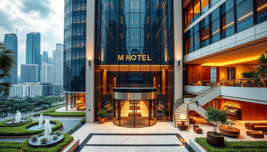 A towering modern glass and steel structure rises up, its elegant facade reflecting the bustling financial district of Singapore. The entrance of the M Hotel is a grand, well-lit portico, flanked by meticulously manicured gardens and fountains. Through the revolving doors, the interior is airy and spacious, with a luxurious marble lobby featuring plush seating areas and a grand staircase leading up to the guest rooms. Warm lighting accentuates the rich wood accents and the overall atmosphere conveys a sense of refined sophistication. Large windows offer breathtaking views of the city skyline, while discreet service and attention to detail ensure a truly exceptional stay.