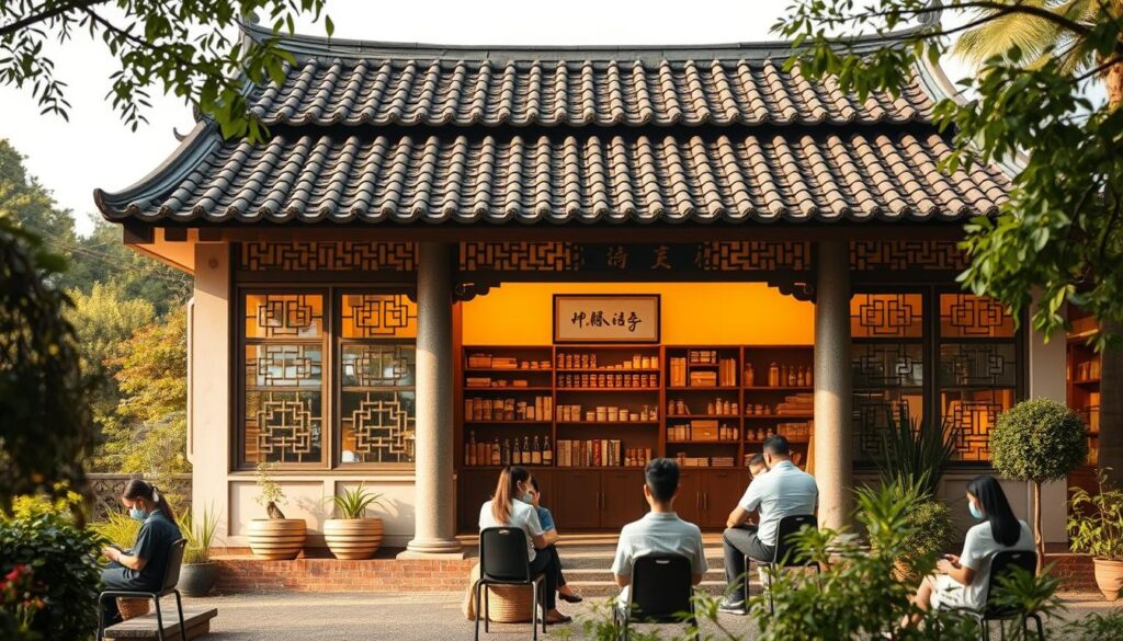 A traditional Chinese medicine clinic set in a serene, landscaped garden. The single-story building features a tiled roof, intricate latticed windows, and a welcoming entrance framed by ornate columns. Warm, natural lighting filters through the windows, casting a soft glow over the interior, where rows of wooden shelves display an array of herbal remedies. In the foreground, a group of patients sit calmly, receiving acupuncture treatments from attentive practitioners. The overall atmosphere conveys a sense of tranquility, professionalism, and a commitment to holistic, community-focused healthcare. A traditional Chinese medicine clinic set in a serene, landscaped garden. The single-story building features a tiled roof, intricate latticed windows, and a welcoming entrance framed by ornate columns. Warm, natural lighting filters through the windows, casting a soft glow over the interior, where rows of wooden shelves display an array of herbal remedies. In the foreground, a group of patients sit calmly, receiving acupuncture treatments from attentive practitioners. The overall atmosphere conveys a sense of tranquility, professionalism, and a commitment to holistic, community-focused healthcare.