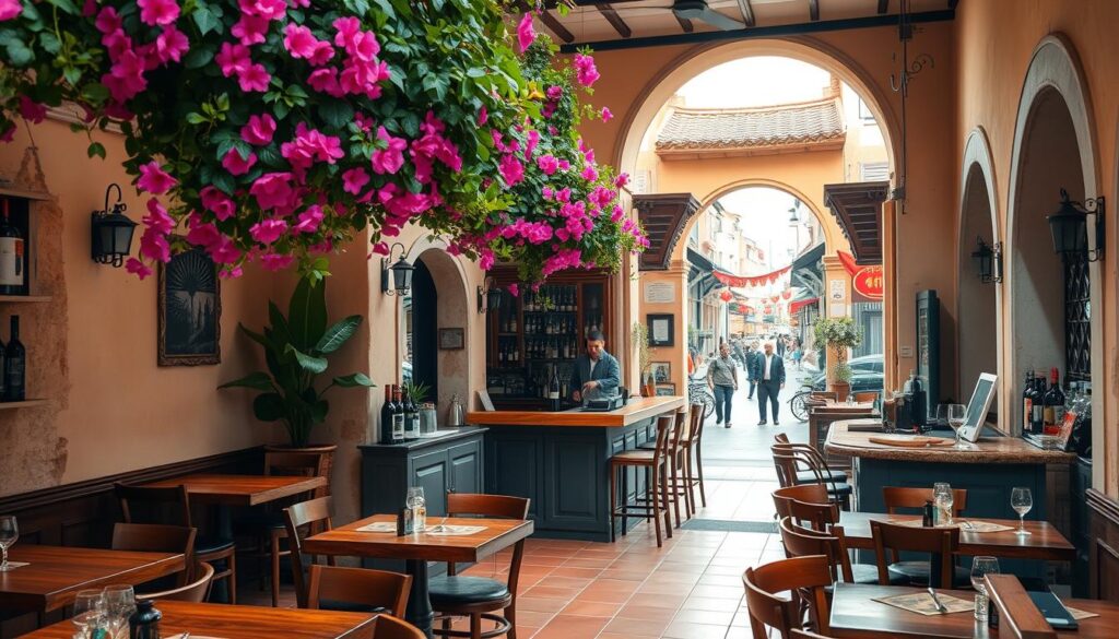 A traditional Greek taverna in Singapore, set in a warm, cozy atmosphere. The foreground features an intimate dining area with rustic wooden furniture, terracotta tiles, and wrought-iron accents. Vibrant bougainvillea vines cascade from wall-mounted planters, casting a soft, natural light. In the middle ground, a charming bar showcases a selection of Greek wines and spirits, with a bartender in traditional attire preparing cocktails. The background depicts a picturesque view through open archways, revealing the bustling streets of Singapore's Chinatown neighborhood, providing a unique fusion of cultures. The overall scene evokes a sense of authentic Greek hospitality and relaxation, transporting the viewer to the Mediterranean.
