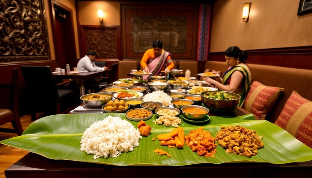A traditional Indian banana leaf meal service in a cozy, well-lit dining room. In the foreground, a pristine banana leaf serves as the canvas for an array of fragrant curries, aromatic rice, and flavorful accompaniments. The middle ground showcases the attentive staff, dressed in traditional attire, carefully replenishing the diners' plates with an abundance of delectable dishes. The background features warm, earthy tones, with intricate wall carvings and vibrant textiles that evoke the rich cultural heritage of South India. The overall atmosphere exudes a sense of authenticity, inviting the viewer to immerse themselves in the vibrant flavors and traditions of Karu's Indian Banana Leaf Restaurant. A traditional Indian banana leaf meal service in a cozy, well-lit dining room. In the foreground, a pristine banana leaf serves as the canvas for an array of fragrant curries, aromatic rice, and flavorful accompaniments. The middle ground showcases the attentive staff, dressed in traditional attire, carefully replenishing the diners' plates with an abundance of delectable dishes. The background features warm, earthy tones, with intricate wall carvings and vibrant textiles that evoke the rich cultural heritage of South India. The overall atmosphere exudes a sense of authenticity, inviting the viewer to immerse themselves in the vibrant flavors and traditions of Karu's Indian Banana Leaf Restaurant.