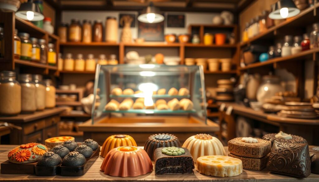 A traditional Nonya kueh display in a cozy, old-fashioned bakery setting. In the foreground, an array of handmade kueh in vibrant colors and intricate designs - ondeh-ondeh, pulut hitam, and kueh sarlat. The middle ground features a wooden counter with a pristine glass display case, showcasing the delicate confections. Warm, diffused lighting casts a soft glow, evoking a sense of nostalgia. In the background, shelves lined with jars of ingredients and baking tools, hinting at the bakery's time-honored craftsmanship. The overall atmosphere is one of artisanal pride and timeless Peranakan heritage.