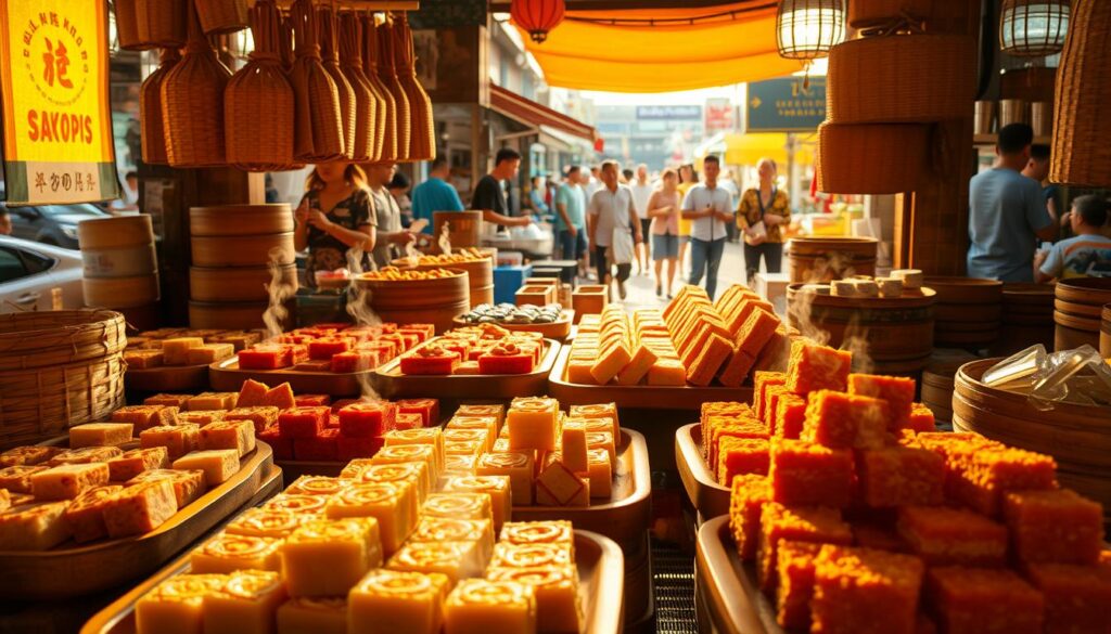 A traditional market stall selling an assortment of freshly made kueh, including the iconic soon kueh. The kueh are arranged neatly on wooden trays, their vibrant colors and intricate textures inviting closer inspection. Wisps of steam rise from the kueh, hinting at their warm, soft interiors. The stall is bathed in warm, golden light, creating a cozy, welcoming atmosphere. Woven baskets, bamboo steamers, and other traditional kueh-making tools lend an authentic, artisanal feel to the scene. In the background, a bustling market scene with shoppers and vendors adds to the lively, immersive experience.
