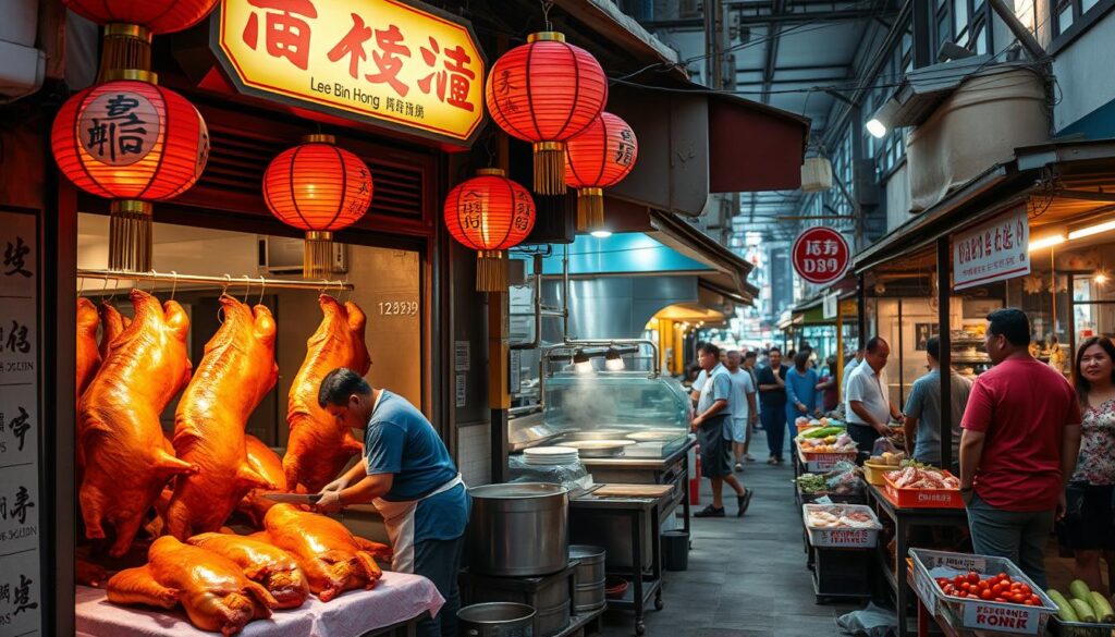 A traditional roast pig supplier nestled in the bustling streets of Singapore, Lee Bin Hong stands as an icon of culinary heritage. The scene depicts a small shopfront adorned with vibrant red lanterns and intricate Chinese calligraphy, casting a warm glow over the carefully prepared roast pigs displayed in the window. In the foreground, a skilled butcher deftly slices the succulent meat, revealing its crisp golden skin and juicy interior. The middle ground features the bustling kitchen, where chefs tend to sizzling woks and stoke the flames of the traditional wood-fired ovens. In the background, the bustling market surrounds the shop, with shoppers browsing an array of fresh produce and local delicacies. The overall atmosphere evokes a sense of timeless tradition and authentic Singaporean culinary prowess.