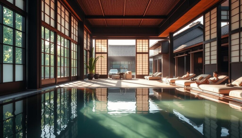 A tranquil Japanese-inspired spa nestled in the vibrant city of Singapore. Soft natural light filters through shoji screens, casting a warm glow over the serene space. In the foreground, a serene onsen-style pool reflects the lush greenery outside. In the middle ground, guests recline on plush futon-style beds, immersed in the calming ambiance. The background features traditional Japanese architectural elements like pagoda-style roofs and bamboo accents, transporting the viewer to a realm of pure relaxation. The overall atmosphere is one of peaceful harmony, blending the best of Japanese wellness traditions with the cosmopolitan energy of Singapore.