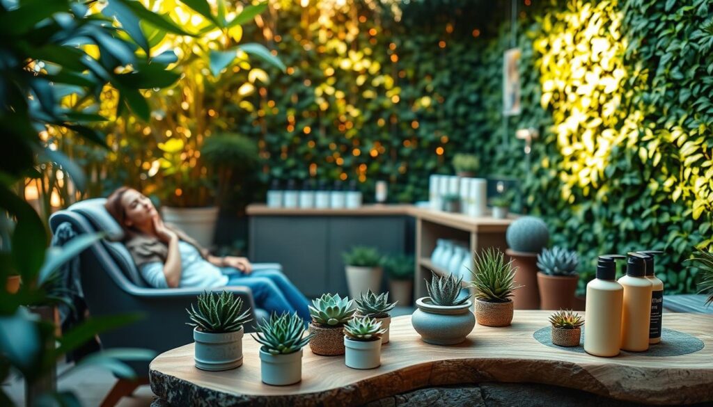 A tranquil, eco-friendly nail salon set in a serene garden oasis. Soft natural light filters through lush foliage, casting a warm, earthy glow. In the foreground, a woman relaxes in a comfortable chair, her hands resting on a wood-and-stone manicure station adorned with potted succulents. The middle ground features a display of nail care products made with organic, plant-based ingredients. In the background, a living green wall creates a soothing, nature-inspired ambiance. The overall mood is one of calm, wellness, and sustainable luxury.