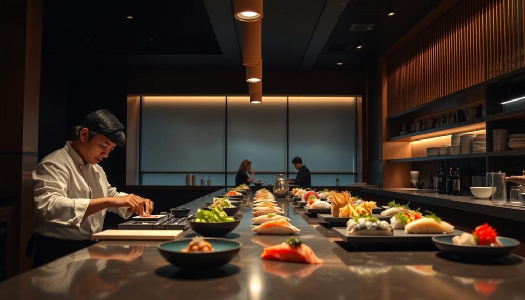 A tranquil, modern sushi bar with a minimalist Japanese aesthetic. The dimly lit interior features sleek wooden accents, clean lines, and a soothing atmosphere. In the foreground, a team of skilled sushi chefs meticulously prepare an omakase course, their skilled hands forming delicate nigiri and sashimi. The middle ground showcases the elegant presentation of the dishes, with precisely arranged ingredients and garnishes. In the background, a few discerning patrons sit at the polished counter, immersed in the culinary experience. Soft lighting from overhead fixtures casts a warm glow, heightening the sense of intimacy and attention to detail. The overall scene evokes a refined, elevated dining experience that celebrates the art of traditional Japanese cuisine.