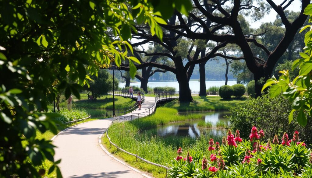 A tranquil walking trail winds through Jurong Lake Gardens, sun-dappled foliage lining the path. In the foreground, lush greenery and vibrant flowers frame the scene, while in the middle ground, a winding boardwalk leads visitors along the serene, reflective waters. The background features the distinctive silhouettes of towering trees, their branches casting gentle shadows across the landscape. The overall atmosphere is one of peaceful exploration, inviting visitors to immerse themselves in the beauty of this family-friendly waterside oasis.