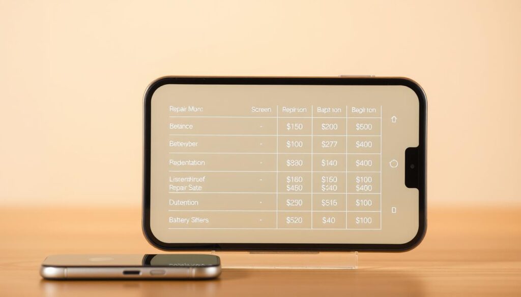 A transparent, backlit display showcases the detailed breakdown of iPhone repair costs, from screen replacement to battery swap. The foreground features a sleek, minimalist iPhone model with a crisp, high-resolution display. The middle ground presents a series of neat, organized columns outlining the pricing structure for various repair services, conveying a sense of clarity and professionalism. The background is a softly blurred, neutral-toned environment, allowing the key information to take center stage. Subtle warm lighting casts a gentle glow, creating a welcoming and informative atmosphere. The overall composition emphasizes the importance of price transparency in the iPhone repair industry.