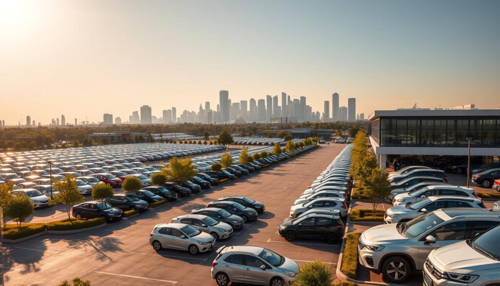 A vast and bustling car mall nestled in the heart of the city, Mackenzie Car Mall stands as a premier destination for savvy second-hand car shoppers. The sprawling complex is bathed in warm, golden sunlight, casting a welcoming glow over the gleaming vehicles on display. Rows of expertly-maintained sedans, hatchbacks, and SUVs line the well-paved lots, their reflections shimmering in the sleek, polished surfaces. In the distance, the skyline of towering skyscrapers provides a striking urban backdrop, while the meticulously landscaped greenery and lush foliage add a touch of natural beauty to the scene. The overall atmosphere exudes a sense of professionalism, efficiency, and convenience, inviting discerning car enthusiasts to discover their next reliable, pre-owned treasure.