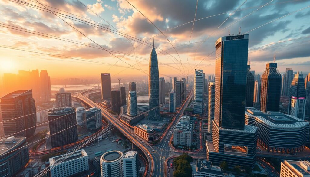 A vast, sprawling digital infrastructure, with towering data centers, sleek 5G towers, and an intricate web of fiber optic cables stretching across a vibrant cityscape. Gleaming skyscrapers and bustling streets form the backdrop, illuminated by a warm, golden glow from the setting sun. Cutting-edge technology and innovation are woven into the very fabric of this dynamic urban environment, reflecting the growth and digital transformation of Singapore Telecommunications Ltd. Captured through a cinematic, wide-angle lens, the scene conveys a sense of scale, power, and the future-facing vision of this leading telecommunications company.