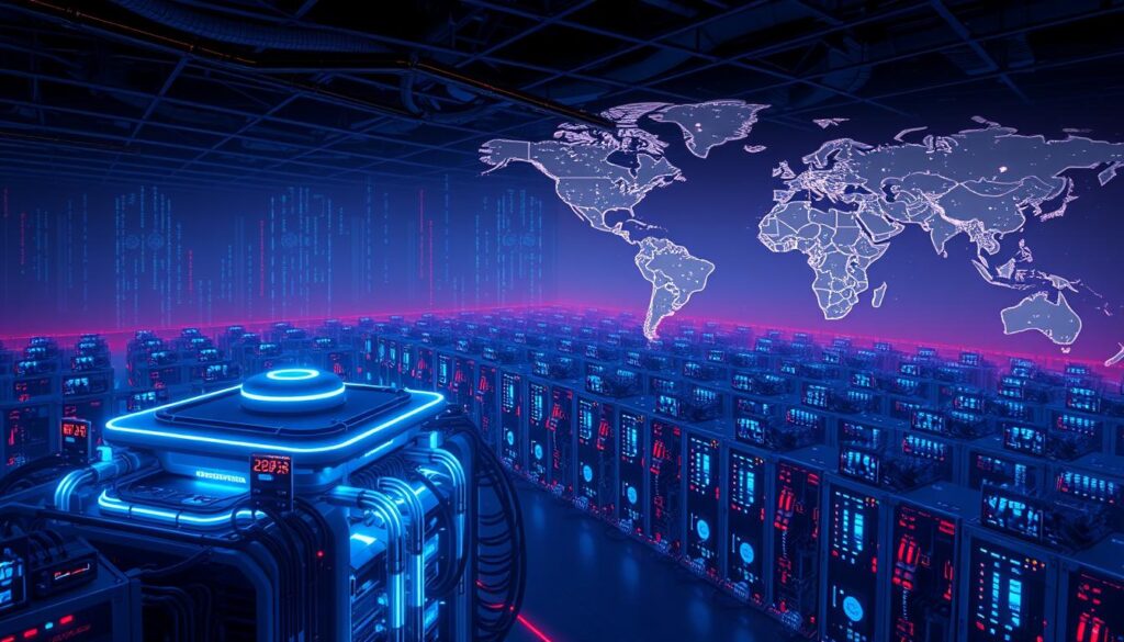 A vast, sprawling network of CyberGhost servers stretches across the globe, their sleek, futuristic designs illuminated by cool, neon-tinged lighting. In the foreground, a central server hub glows with an ethereal, cyber-punk aesthetic, its intricate web of cables and cooling systems pulsing with digital energy. The middle ground features rows of server racks, their LED indicators blinking in a mesmerizing rhythm, conveying the sheer scale and complexity of CyberGhost's infrastructure. In the background, a world map unfolds, dotted with strategically placed server locations, showcasing the breadth and reach of this formidable virtual private network. The overall scene exudes a sense of technological sophistication, reliability, and uncompromising data security. A vast, sprawling network of CyberGhost servers stretches across the globe, their sleek, futuristic designs illuminated by cool, neon-tinged lighting. In the foreground, a central server hub glows with an ethereal, cyber-punk aesthetic, its intricate web of cables and cooling systems pulsing with digital energy. The middle ground features rows of server racks, their LED indicators blinking in a mesmerizing rhythm, conveying the sheer scale and complexity of CyberGhost's infrastructure. In the background, a world map unfolds, dotted with strategically placed server locations, showcasing the breadth and reach of this formidable virtual private network. The overall scene exudes a sense of technological sophistication, reliability, and uncompromising data security.