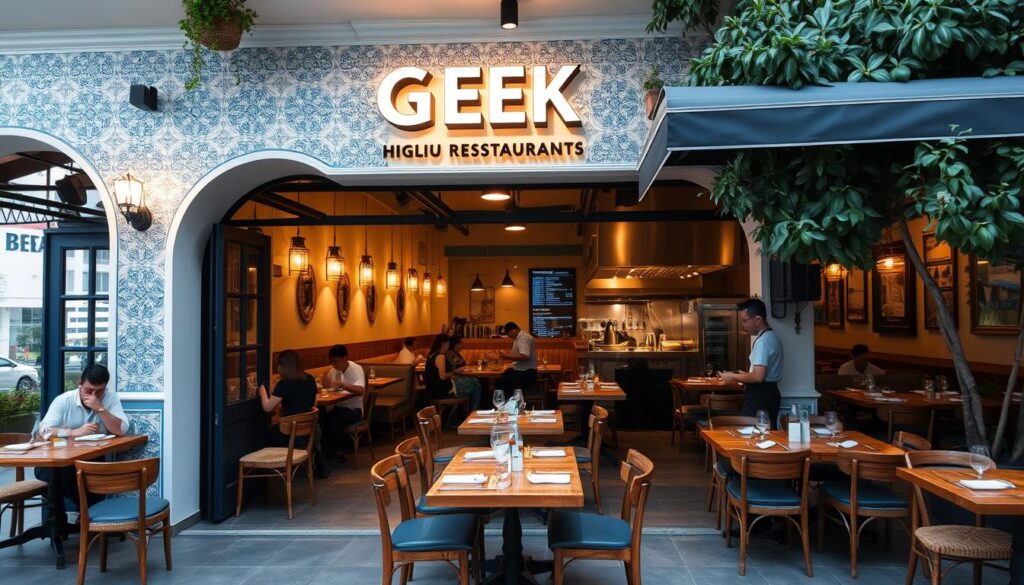 A vibrant Greek restaurant nestled in the heart of Singapore, its facade adorned with intricate white and blue patterns, welcoming patrons through an inviting arched entrance. Inside, the warm lighting casts a cozy glow over the rustic wooden tables and chairs, where diners savor unique specialties such as authentic moussaka, fragrant lamb souvlaki, and a selection of freshly baked pitas. The aroma of spices and sizzling meats mingles with the chatter of lively conversations, creating an atmosphere of culinary exploration and cultural immersion. The restaurant's open kitchen allows guests to witness the skilled chefs crafting each dish with care, using time-honored recipes and locally sourced ingredients. An outdoor terrace offers al fresco dining, providing a glimpse of the bustling Singaporean cityscape beyond.