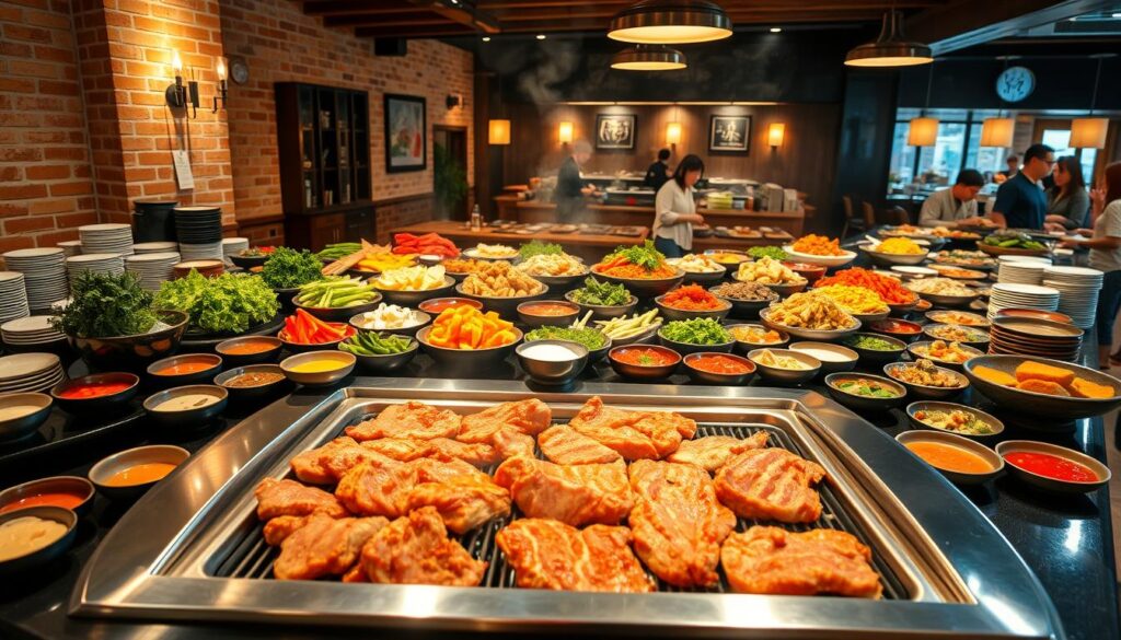 A vibrant Korean BBQ buffet spread is presented in a warm, inviting setting. In the foreground, an array of freshly grilled meats sizzle on a sleek, stainless steel grill, surrounded by an assortment of colorful banchan (side dishes) and sauces. The middle ground showcases a bountiful selection of marinated vegetables, kimchi, and aromatic herbs, inviting guests to create their own customized BBQ experience. In the background, the space is adorned with traditional Korean elements, such as exposed brick walls, wooden accents, and soft lighting, creating a cozy and authentic atmosphere. The overall scene exudes a lively, communal vibe, perfectly capturing the essence of a quintessential Korean BBQ dining experience.