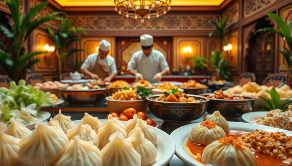 A vibrant Peranakan catering scene unfolds, showcasing an enticing array of traditional dishes. In the foreground, delicate pandan-wrapped rice dumplings and fragrant rendang stew take center stage, complemented by an assortment of colorful keropok and intricate kueh pastries. The middle ground features a team of skilled Peranakan chefs expertly preparing and plating the sumptuous offerings, their uniforms and headgear reflecting the rich cultural heritage. In the background, a warm, inviting Peranakan-style dining space sets the stage, with ornate furnishings, intricate tile patterns, and lush greenery creating an immersive ambiance. The lighting is soft and golden, casting a cozy glow over the scene and emphasizing the vibrant colors and textures of the Peranakan culinary delights.