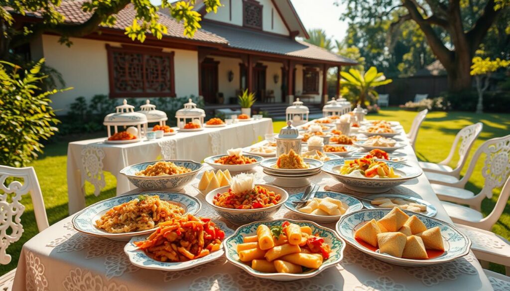 A vibrant Peranakan catering setup in a sun-dappled garden, with delicate lace-patterned tablecloths, intricate porcelain plates, and an array of colorful Peranakan dishes, including fragrant nasi goreng, spicy sambal ikan, and delicate kueh-kueh. In the background, a traditional Peranakan-style house with its distinctive carved windows and ornate facade. The scene is bathed in warm, golden light, creating a sense of conviviality and celebration, inviting guests to indulge in the rich flavors and vibrant culture of Peranakan cuisine.