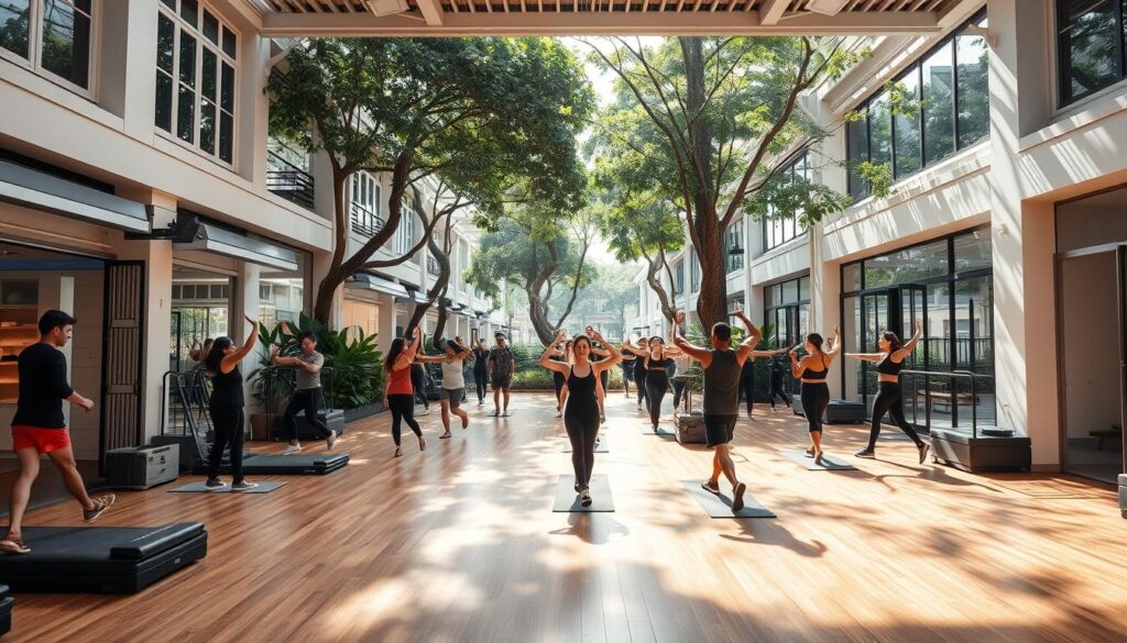 A vibrant Singapore neighborhood, filled with modern Pilates studios nestled between quaint shophouses and lush greenery. Sunlight dances through large windows, illuminating the sleek interiors - polished wood floors, minimalist decor, and state-of-the-art equipment. A mix of locals and expats flow through the studios, bodies moving in graceful Pilates poses, finding strength and balance. The scene captures the perfect fusion of urban energy and wellness, showcasing Singapore's thriving Pilates community.