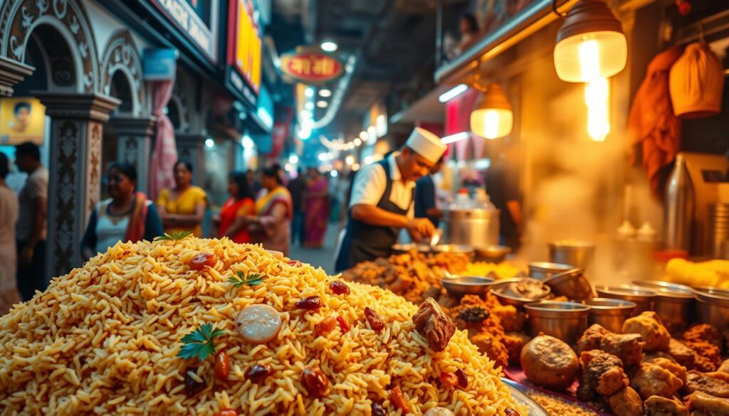 A vibrant and bustling scene of an authentic Little India biryani stall, set against the backdrop of ornate architectural details. In the foreground, a tantalizing display of aromatic basmati rice, tender meat, and a variety of colorful accompaniments. The middle ground showcases a skilled chef meticulously preparing the biryani, using traditional spices and techniques. In the background, the lively street life of Little India comes alive, with the vibrant hues of saris, the chatter of locals, and the rhythmic sounds of the neighborhood. Warm, golden lighting casts a welcoming glow, capturing the essence of this culinary haven. The image conveys the rich diversity and cultural heritage that make Little India's biryani a must-try experience. A vibrant and bustling scene of an authentic Little India biryani stall, set against the backdrop of ornate architectural details. In the foreground, a tantalizing display of aromatic basmati rice, tender meat, and a variety of colorful accompaniments. The middle ground showcases a skilled chef meticulously preparing the biryani, using traditional spices and techniques. In the background, the lively street life of Little India comes alive, with the vibrant hues of saris, the chatter of locals, and the rhythmic sounds of the neighborhood. Warm, golden lighting casts a welcoming glow, capturing the essence of this culinary haven. The image conveys the rich diversity and cultural heritage that make Little India's biryani a must-try experience.