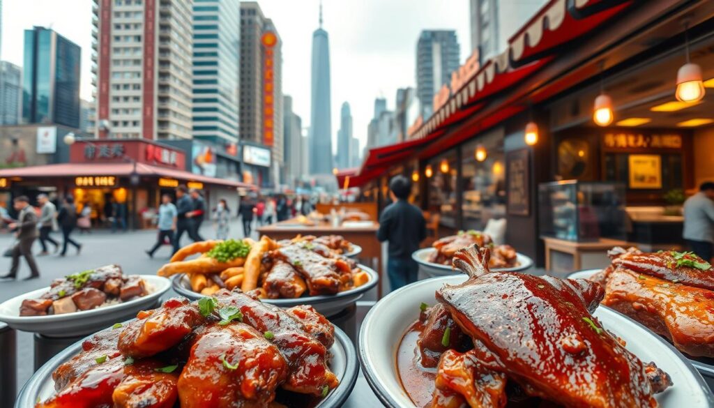 A vibrant and bustling scene of renowned braised duck establishments in an urban setting. In the foreground, a display of glistening, succulent braised duck dishes with aromatic spices and garnishes. The middle ground features the interiors of well-appointed restaurants, with warm lighting, wooden furnishings, and traditional decor elements. In the background, a cityscape of towering skyscrapers and bustling streets, conveying a sense of the local culinary culture and expertise. The overall atmosphere is one of culinary excellence, authenticity, and a celebration of the iconic braised duck rice dish.