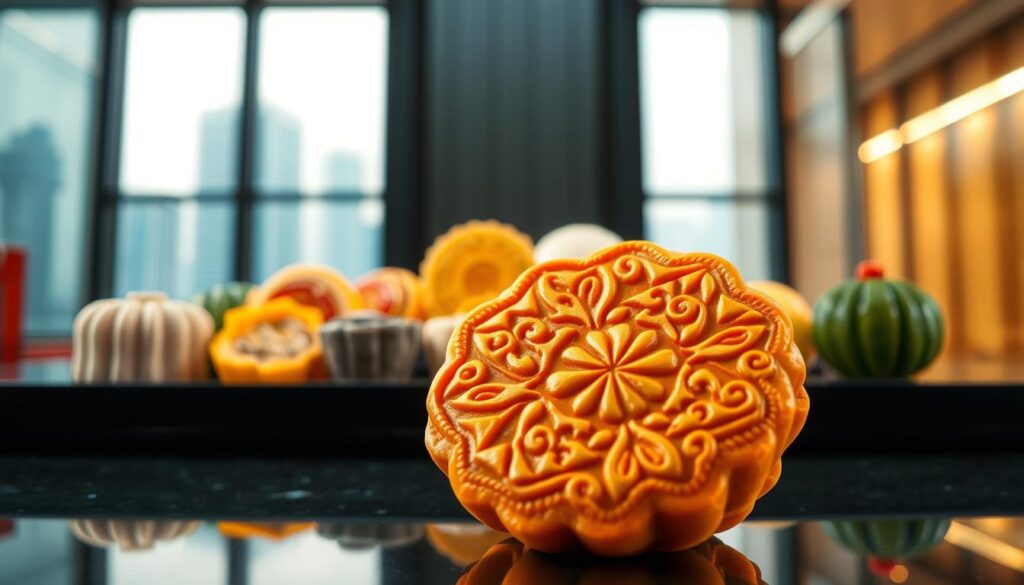 A vibrant and captivating image of innovative durian mooncakes in Singapore. The foreground features a beautifully crafted durian mooncake, its golden crust shimmering under warm, diffused lighting. Intricate patterns and geometric designs adorn the surface, hinting at a unique and modern interpretation of the traditional treat. In the middle ground, an array of complementary mooncake flavors and shapes are arranged, showcasing the creative diversity of this Singaporean delicacy. The background evokes a sophisticated, urban setting, with sleek, minimalist elements that provide a stylish and contemporary backdrop. The overall composition and color palette convey a sense of refined elegance and culinary innovation, perfectly capturing the essence of this "Innovative and Unique Takes on a Classic" section.