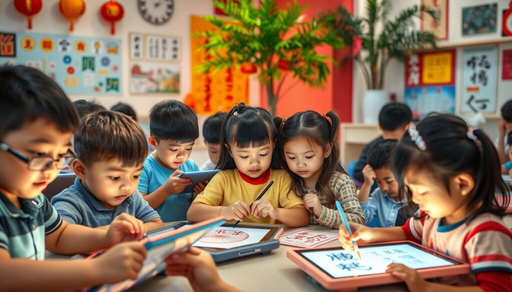 A vibrant and engaging classroom setting, showcasing a group of children intently engaged in a variety of mandarin learning activities. In the foreground, students work collaboratively on interactive digital tablets, their faces lit by the warm glow of the screens. In the middle ground, others participate in hands-on activities like calligraphy, using traditional brushes and ink. The background features a visually stimulating environment, with colorful Chinese-inspired wall decorations, educational posters, and a large, lush potted plant, creating a holistic and immersive learning experience. The lighting is soft and natural, creating a calm and welcoming atmosphere. The overall scene captures the essence of a 21st-century mandarin enrichment centre, where students develop a well-rounded set of skills through engaging, multidisciplinary activities.
